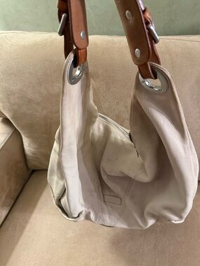 Cream Leather Hobo Bag with Tan Strap